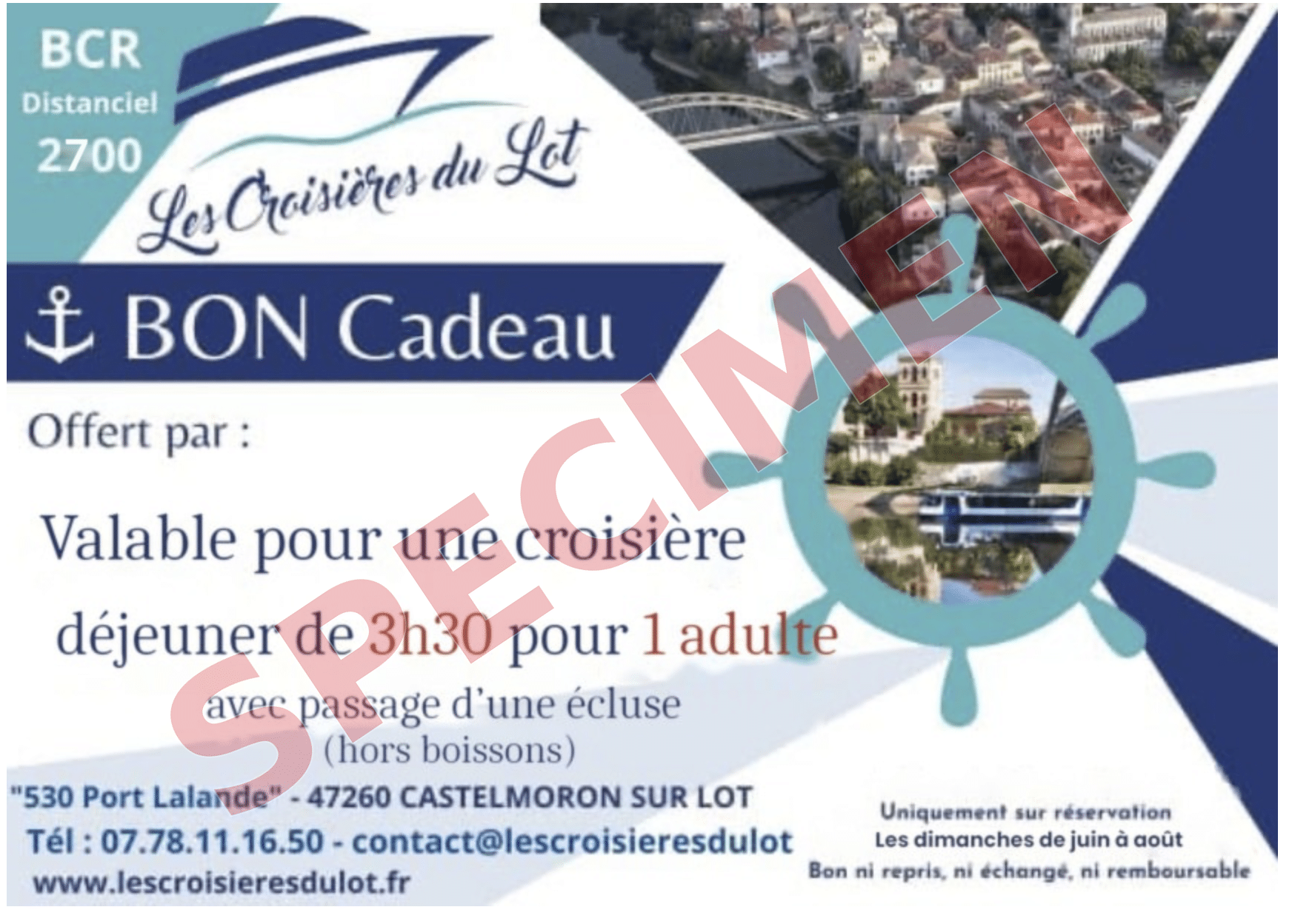 Bon pour une croisière déjeuner de 3h30 avec passage d’une écluse, les dimanches de juin à août